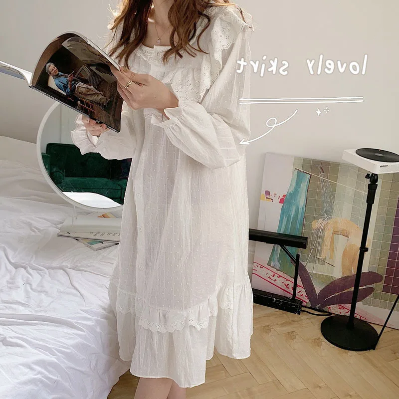 

100% Cotton Princess Style Jacquard Long-sleeved Nightdress 2021 Spring/autumn New Sweet Lace Cardigan Home Casual Wear