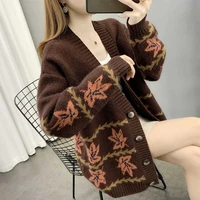 womens knitted cardigan beautiful sweater with maple leaf pattern v neck button khaki ladies sweater cardigan autumn cardigan