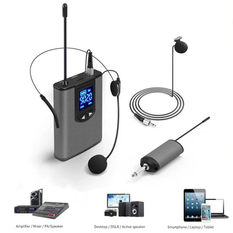 Беспроводная микрофонная система UHF, мини-микрофон с отворотом или гарнитурой, портативный приемник, передатчик для обучения лекции, речи