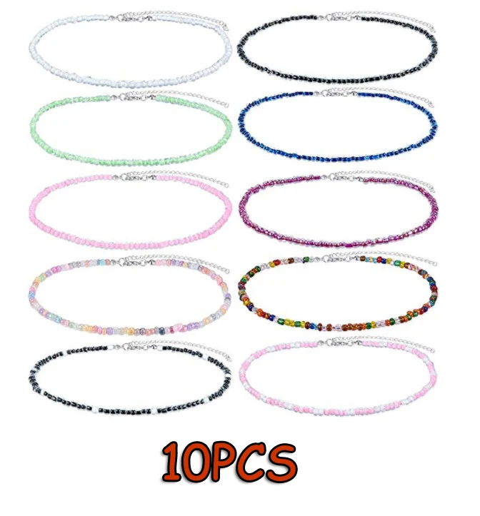10PCS Visco, колье из бисера, крошечное колье из бисера, бохо, цветное колье, ожерелье на цепочке, ювелирное изделие для женщин и девушек, регулируемое - Окраска металла: 10PCS