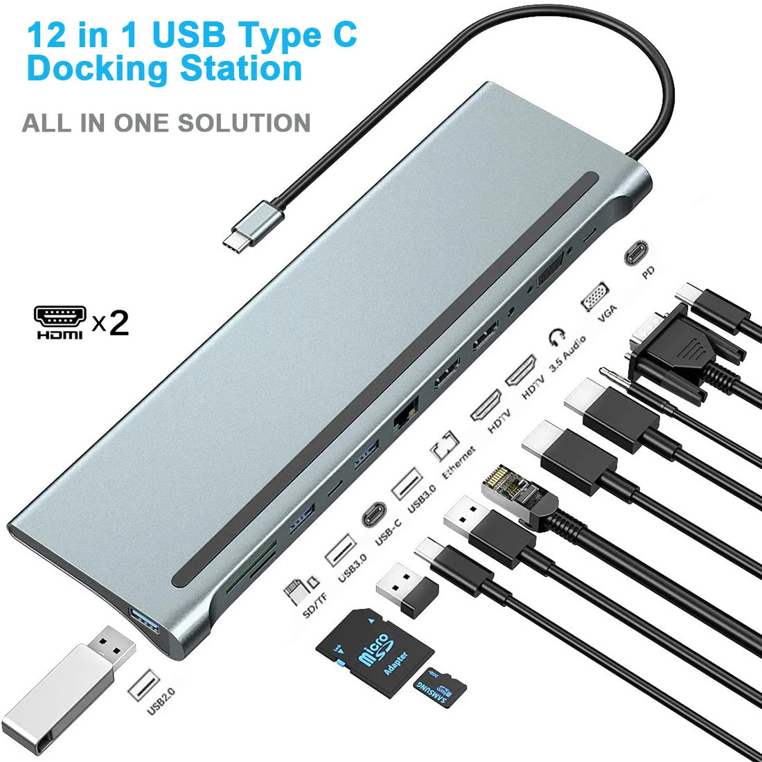 

12 in 1 USB Type C Hub Adapter Laptop Docking Station,MST Dual Monitor Dual HDMI VGA RJ45 SD TF PD for MacBook Dell Hp ThinkPad