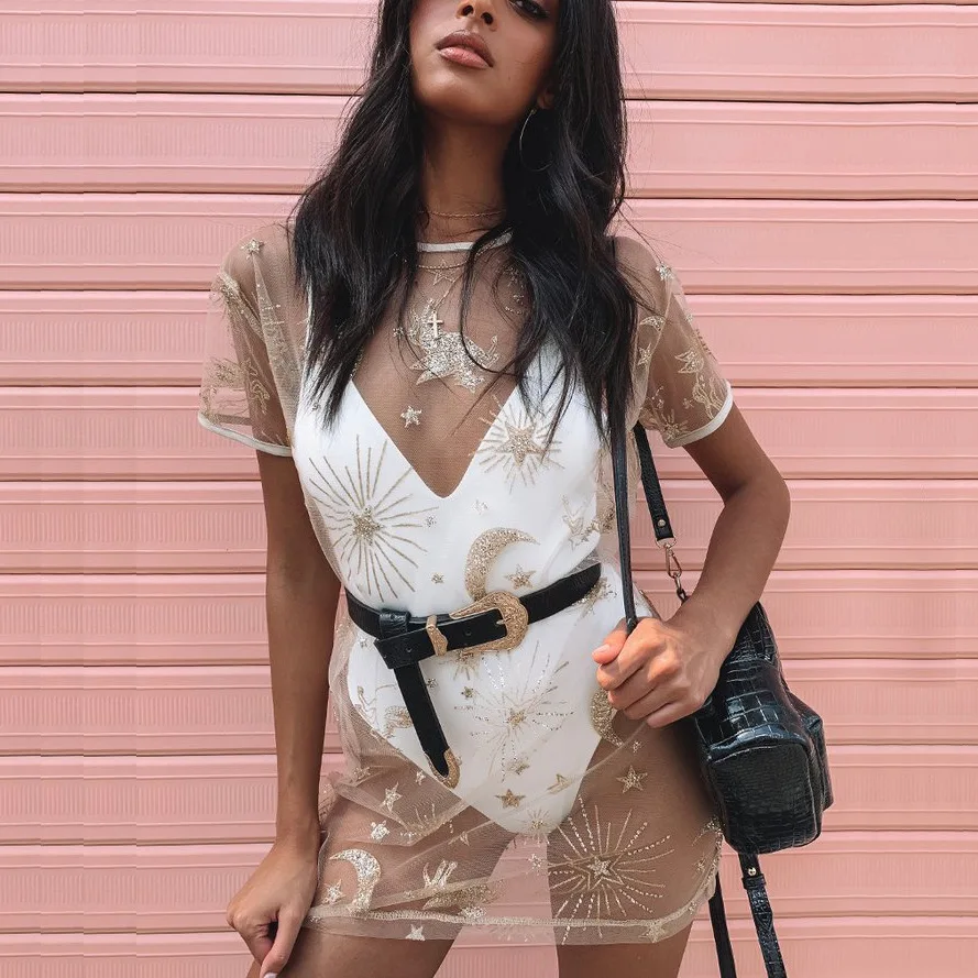 

Donsignet Women Dress 2021 Sexy Perspective Gauze Dress Sequins Sun Protection T-shirt Dress Women Fashion Mini Vestido Feminino