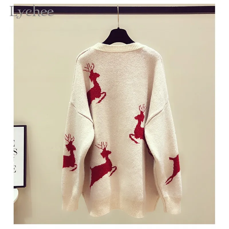 

Lychee Harajuku Christmas Elk Print Women Sweaters Casual Loose O-neck Female Jumpers Pullovers Spring Autumn Winter Lady Tops