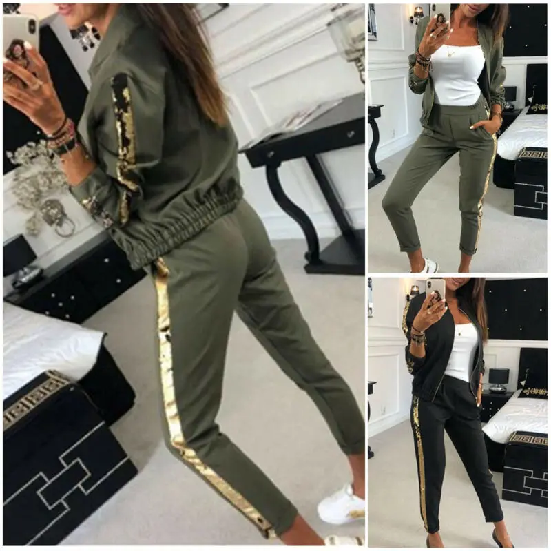 Новая Осенняя Женская одежда из 2 предметов с длинным рукавом со стразами на