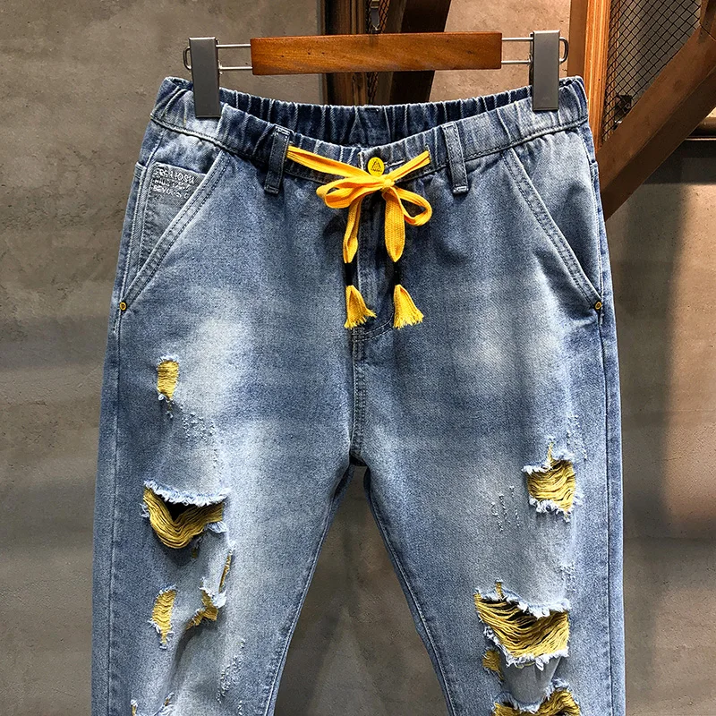 Джинсы мужские рваные потертые 100% хлопок уличная одежда укороченные штаны из