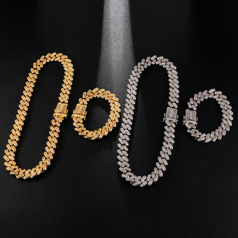 

Heavy Iced Cubic Zircon Miami Baguette Cuban Link Chain Bracelet Necklace Set Gold Color Big Choker Men's Hip hop Jewelry 18"