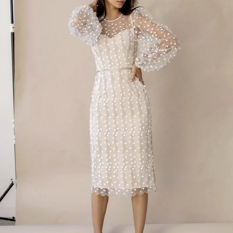 

Women Long Sleeves Party Dress Elegant White Fairy Crew Neck Sheer Mesh Stunning Charming Lace Girls New Women Sheath Dress Mid