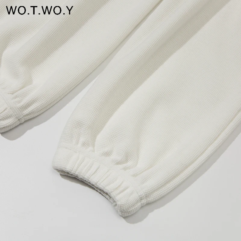 

WOTWOY Spring Knitted Casual Pants Women High Waist Solid Trousers Female Drawstring Pocket Harem Pants Ladies Cotton Sweatpants