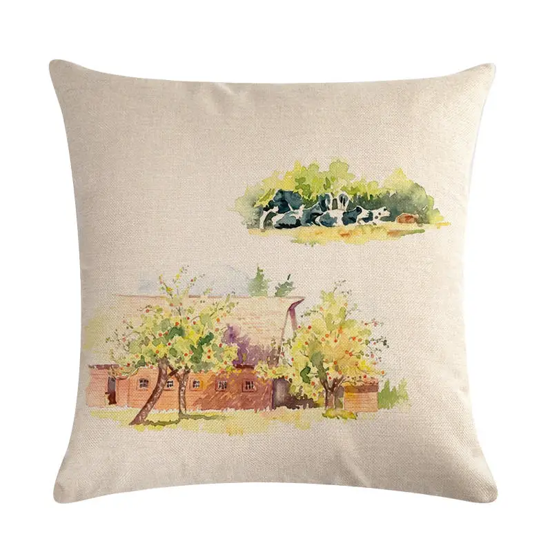 

Single-sided Printing Oil Painting Pillowcase American Country Landscape Cow Flower Cushion Cover Vintage Sofa Chair Home Decor