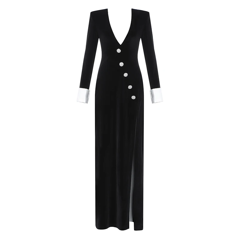 

SISPELL Patchwork Button Dresses For Female V Neck Long Sleeve High Waist Slimming Side Slit Sexy Dress Fashion