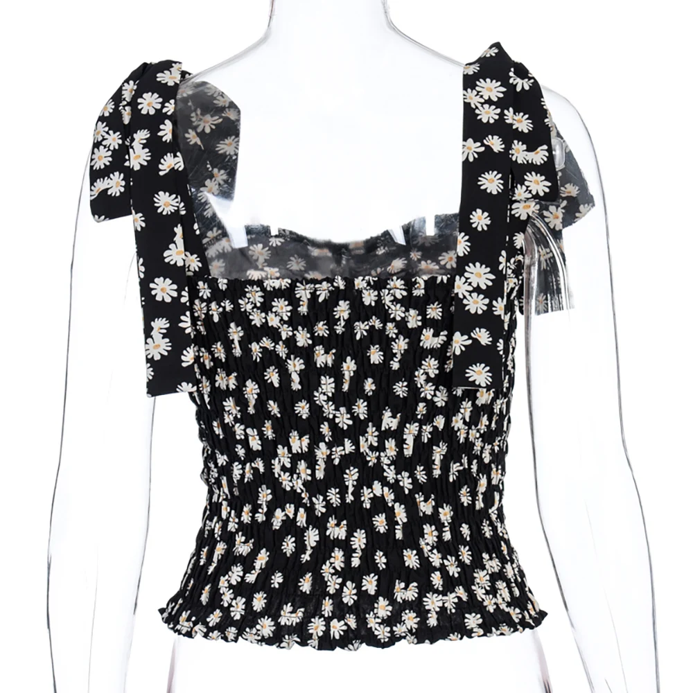 

Sleeveless Black Blue Daisy Printing Crop Tops Shirts for Women Vintage Elastic Lace Up Stretchy Tanks Top Streetwear