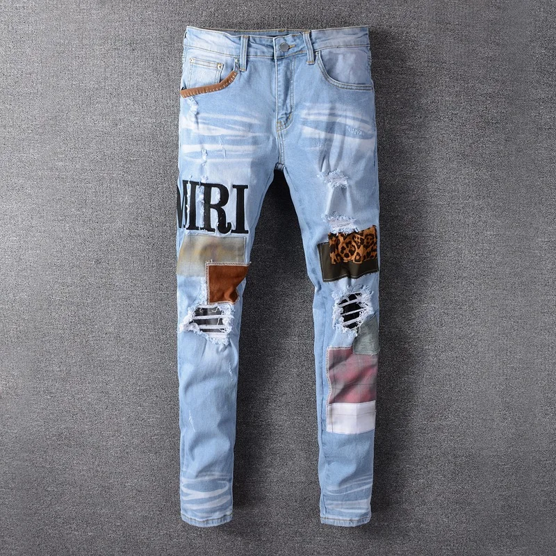 Trendy New Men's Light Blue Embroidered Patch Jeans Casual Slim Fashion Patch Stretch Stitching Jeans Oversized Denim Trousers