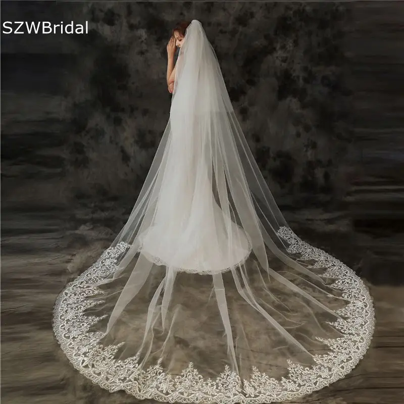 

New Arrival White Ivory Cathedral Wedding Veils Long Lace Edge Bridal Veil with Comb Wedding Accessories 2023 Welon slubny