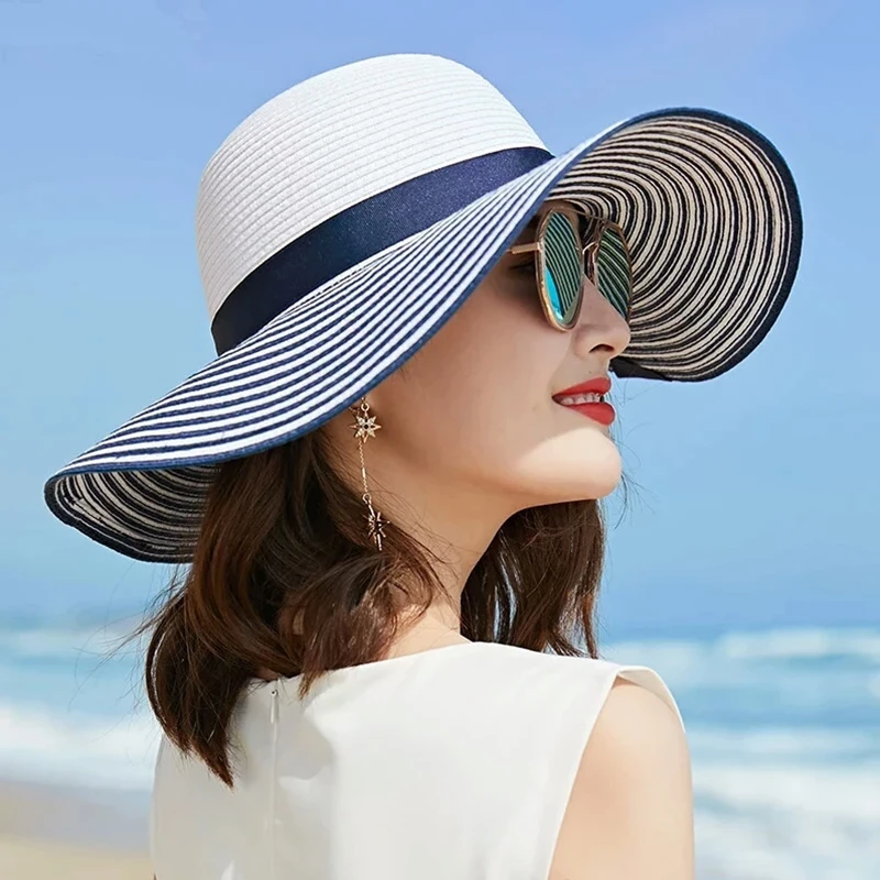 

Simple Stripes Fashion Hepburn Wind Black White Striped Bowknot Summer Sun Hat Beautiful Women Straw Beach Cap Large Brimmed Hat