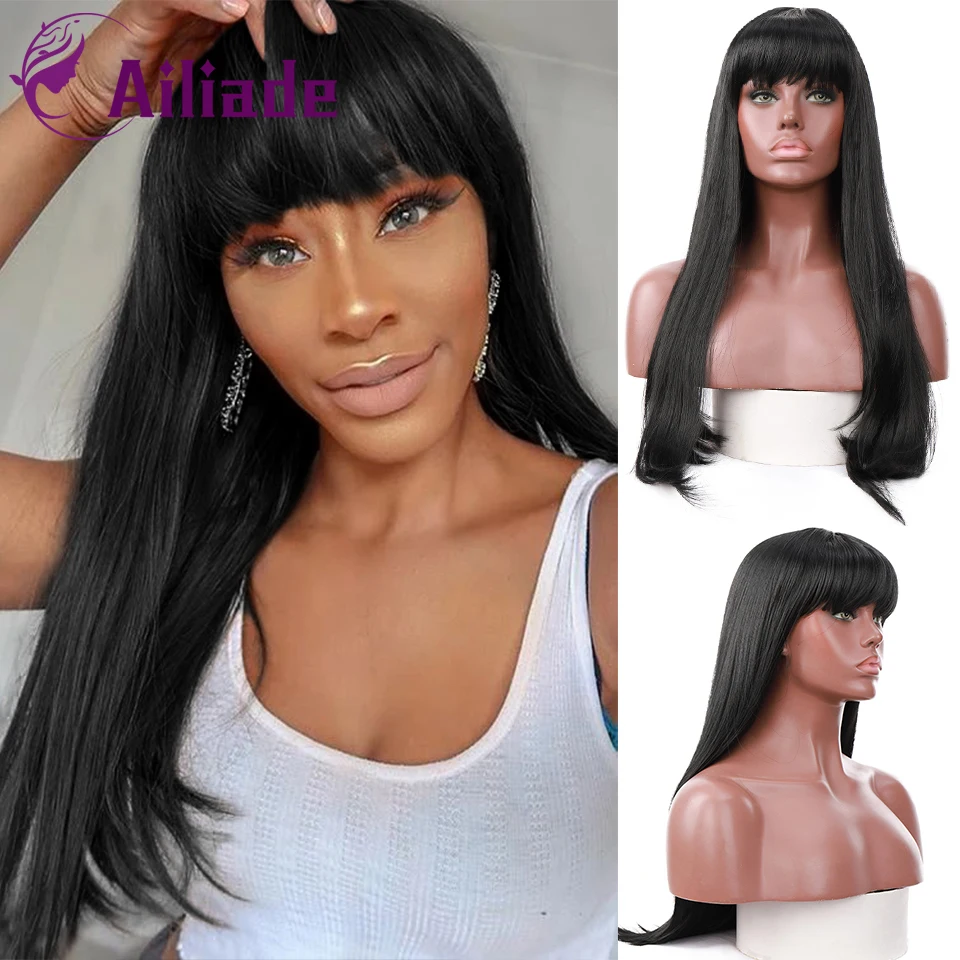AILIADE синтетический черный длинный прямой парик с челкой аккуратные челки парики
