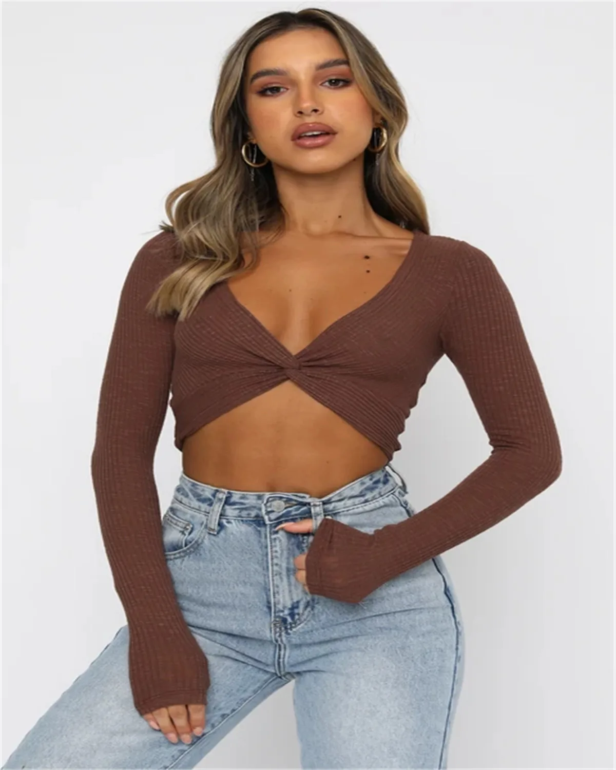 

Women Sexy Tight-Fitting Crop Top Solid Color Slim Fit Front Chest Twist Long Sleeve T-Shirt Knitwear Spring Fall Clothing 2021