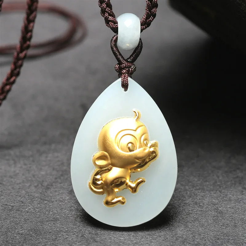 Натуральный китайский белый нефрит кулон Зодиак обезьяна Мозаика золото