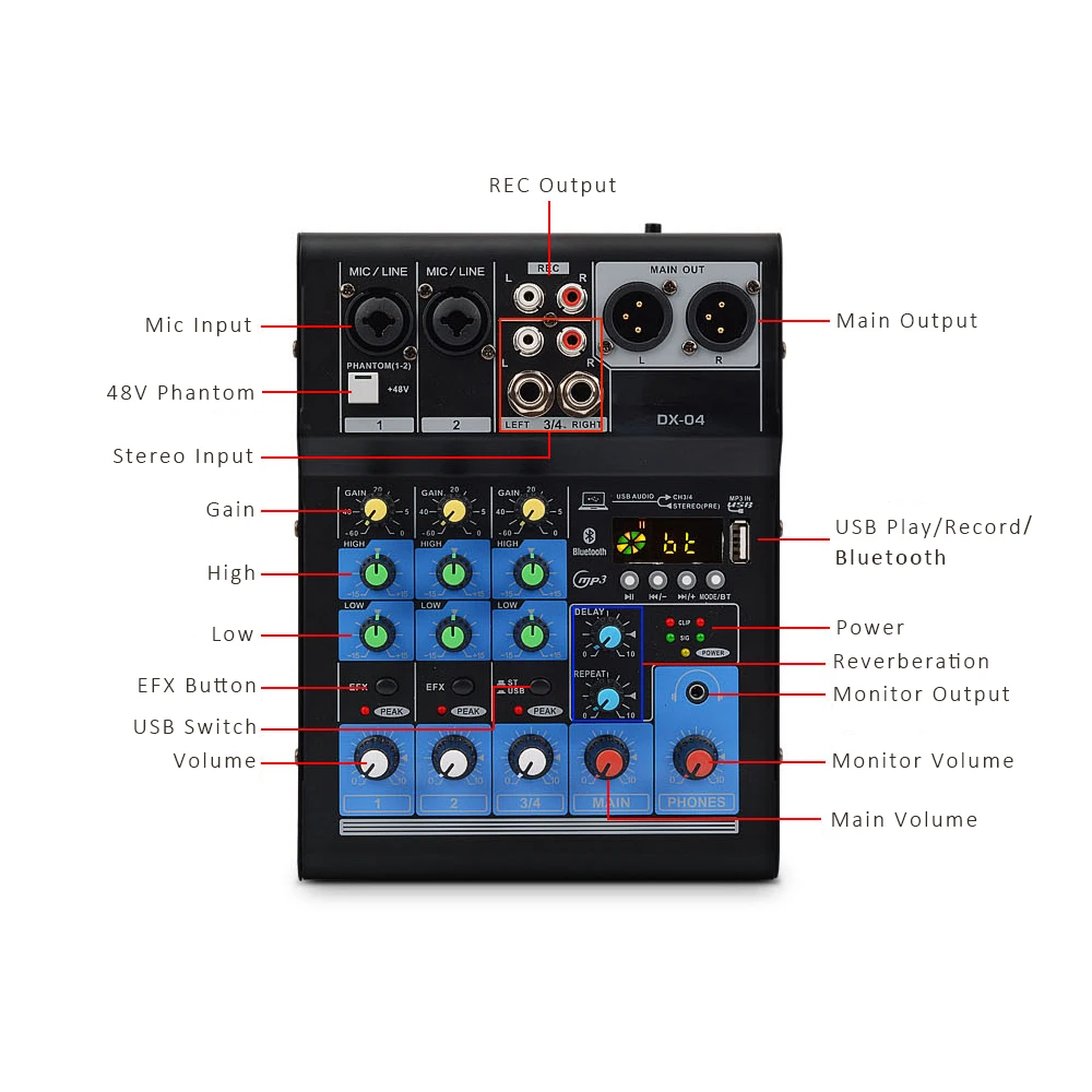 

Professional Audio-Mixer Sound Card DJ Mixing-Console System USB Bluetooth Interface 48V Phantom Power 4/6 Channels Music-Mixer
