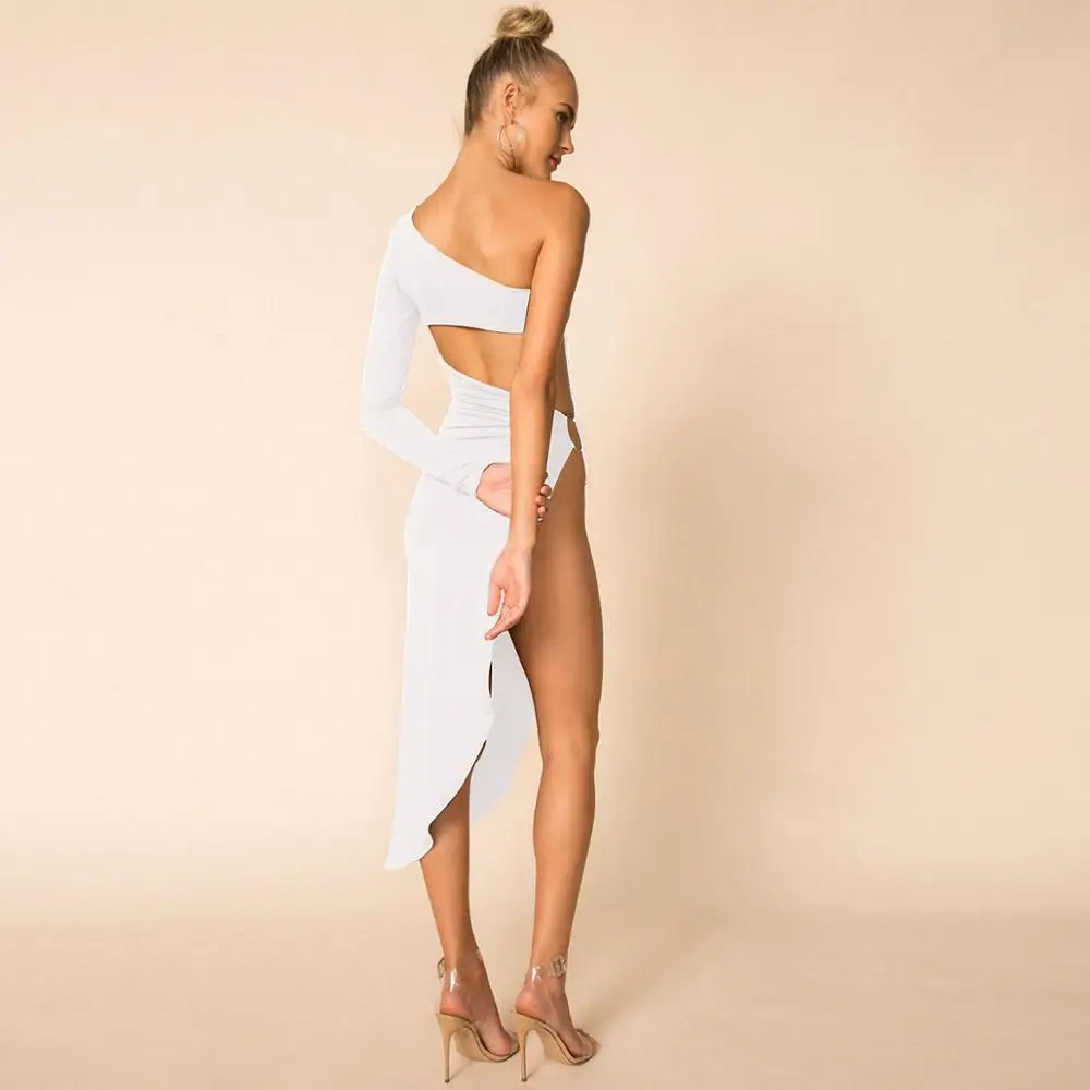 

Women One Shoulder Asymmetry Hollow Out Bodycon Party Dress High Split Sexy Christmas Dresses Black Long Party Vestidos