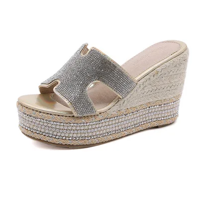 

Slope heel summer sandals women's muffin thick bottom water drill slippers wedding shoes