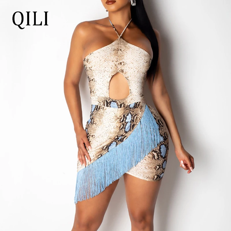 QILI сексуальное платье с лямкой через шею без рукавов вырезами и кисточками