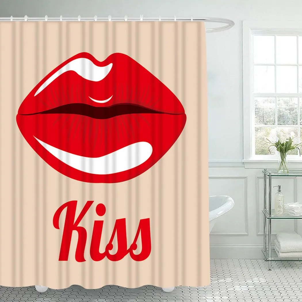 

Lips Shower Curtain With Hooks for Bathroom Sexy Red Lips Kiss Waterproof Polyester Bath Shower Curtain Set Home Bathroom Decor