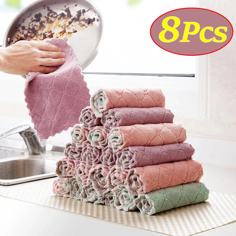

8PCS Microfiber Towel Absorbent Kitchen Cleaning Cloths Non-stick Oil Dish Towel Rags Napkins Tableware Household Cleaning Towel