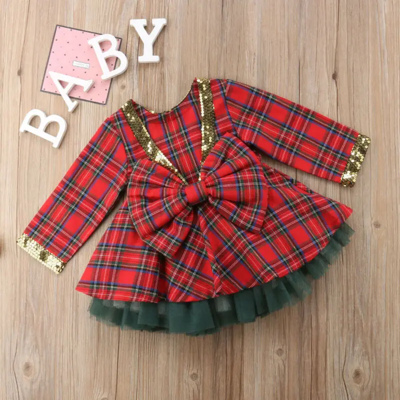 

Kids Baby Girls Party Plaid Dress+Tutu Mesh Skirts Outfits Set Christmas Clothes Toddler Long Sleeve Backless Big Knot Dresses