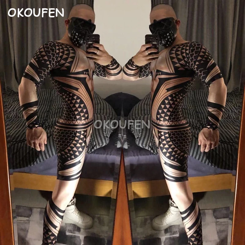 

Nightclub Bar Male Singer DJ Ds Gogo Costumes Dance Wear Party Show performance Costumes Cool 3D printed Tattoo Jumpsuits