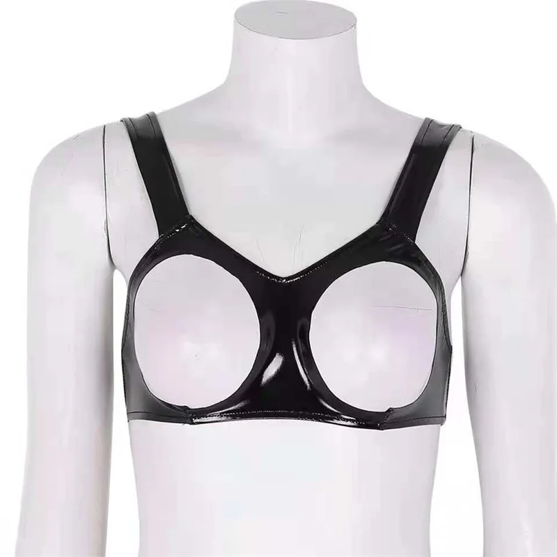 Women Sexy Leather Bra Wet Look Breast Exposing Latex Mini Open Cup Erotic Female Hollow Out Nipples Unlined | Тематическая одежда