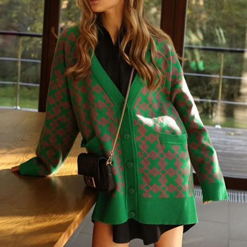 

Женский вязаный кардиган с V-образным вырезом и принтом, повседневный Свободный кардиган с открытыми плечами, осень 2021