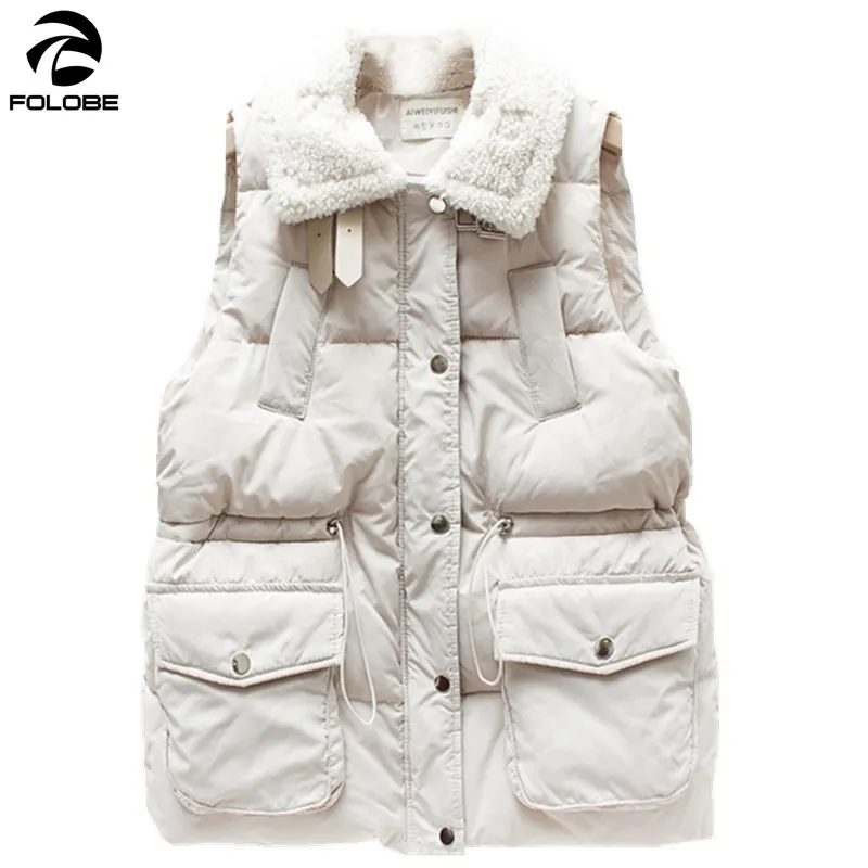 

FOLOBE Winter Vintage Mid-length Vest Women Casual Lamb Padded Cotton Vest Women Fashion Patch Designs Thick Warm Gilet Coat