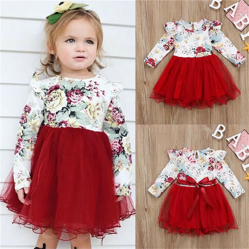 Sweet Toddler Kid Baby Girl princess Dress Newborn Autumn Floral Ruffle Long Sleeve Tulle Tutu Red Patchwork 1-4T | Детская одежда и