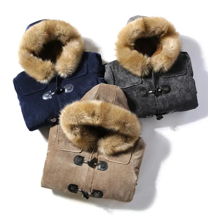 Fall/winter Fur Collar Horns Buckle Deer Velvet Leather Cotton-Padded Jacket Men's Mid-length Slim Thick Warmth Outwear