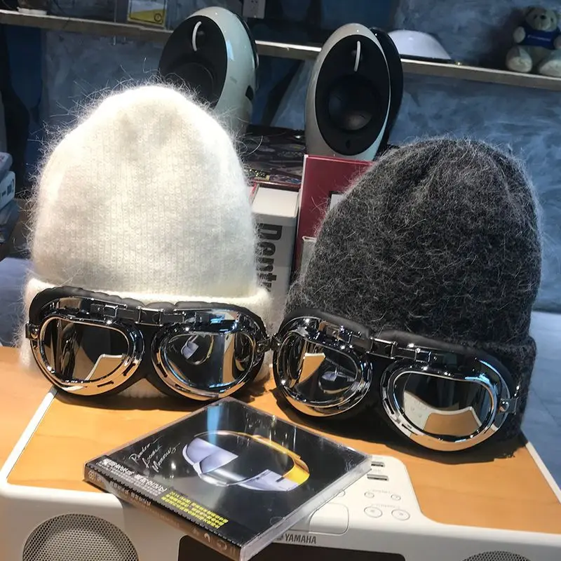 

Stars with fashionable foreign air pilot sunglasses woolen hat female autumn and winter 2021 new warm rabbit wool knitting hat