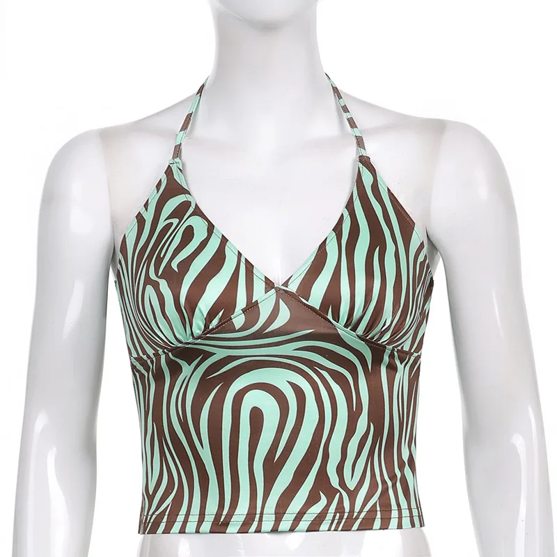 

ALLNeon 90s Streetwear Green Zebra Print Halter Tops Y2K Aesthetics V-neck Backless Sexy Crop Top Summer Vintage Vests Fashion