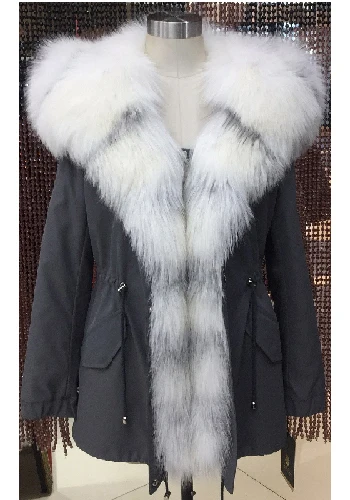 gray 34 M2 Женская зимняя парка, пальто, куртка, воротник лисы, съемная кроличья подкладка, капюшон, мех 80 см, длина, качественная ткань D11 - Цвет: gray 34 M2