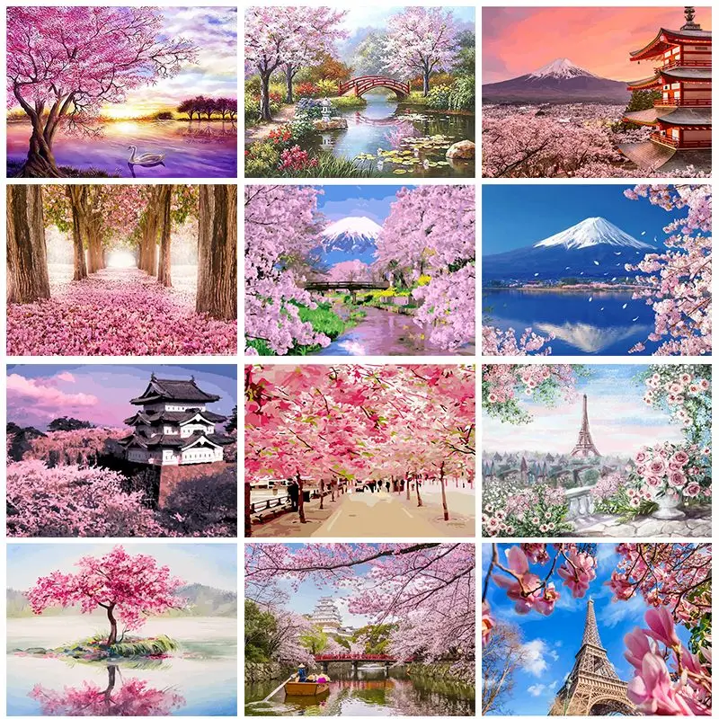 

DIY Diamond Painting Kits Cherry Blossom Landscape Handcraft Art Gift Scenery Home Decor Embroidery Diamond Stitch Paintings