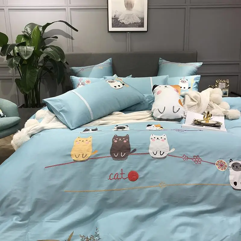 Комплект постельного белья из 42 хлопка с милыми кошками синего цвета королевский