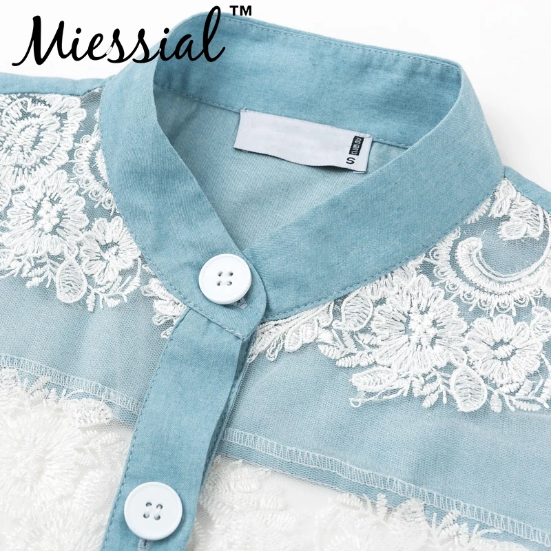 Miessial, Лоскутная Прозрачная сетчатая Джинсовая блузка, рубашка, женская элегантная кружевная Цветочная Осенняя рубашка, топ, женская модная уличная одежда