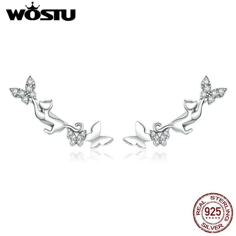 WOSTU Настоящее серебро 925 пробы серьги гвоздики в виде кошки и бабочки блестящие