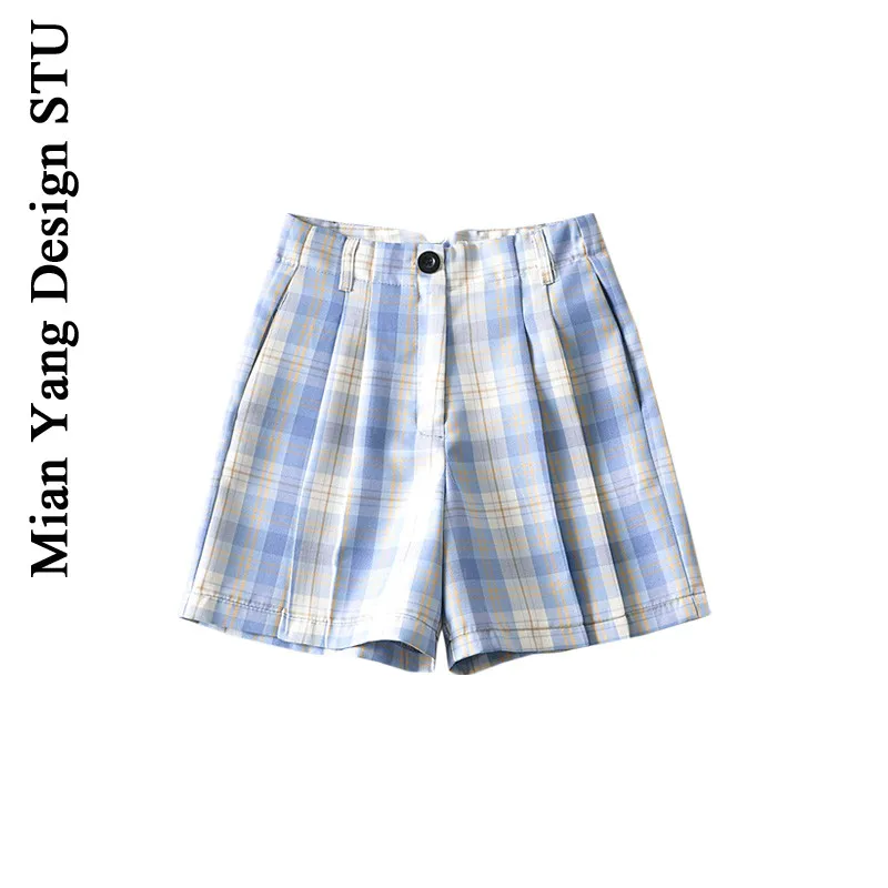Повседневные брюки в клетку с высокой талией женские плиссированные шорты стиле