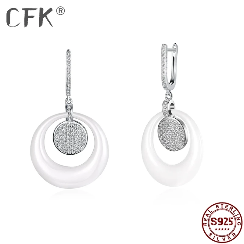 

CFK Romantische Ronde 925 Sterling Zilveren Oorbellen Voor Vrouwen Volledige Zirconia Opknoping Witte Keramische Oorbel Sieraden