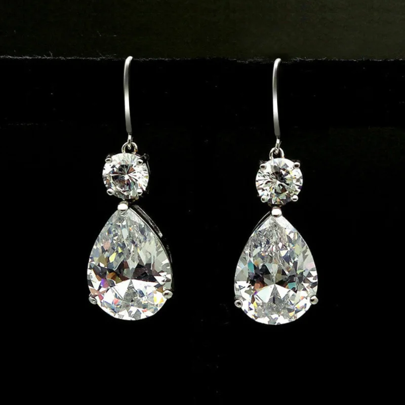 

Classic Female White Crystal Stone Earrings Dainty Silver Color Dangle Earrings For Women Trendy Bride Geometry Wedding Earrings