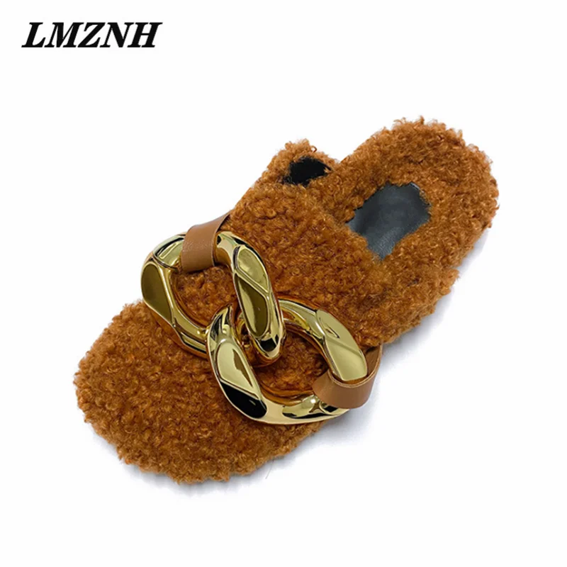 

LMZNH High-Quality Fashion New Women's Shoes Lamb Hair Toe Cap Simple Semi-Trailer Metal Chain Non-Slip Muller Ladies Slippers