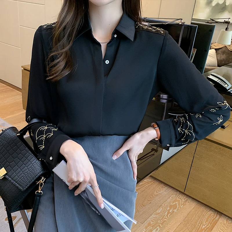 

Chiffon High End Women's Shirts 2021 Spring Autumn All-Match Ladies Tops Black Embroidery Blause Long Sleeve Elegant Blouse KN83