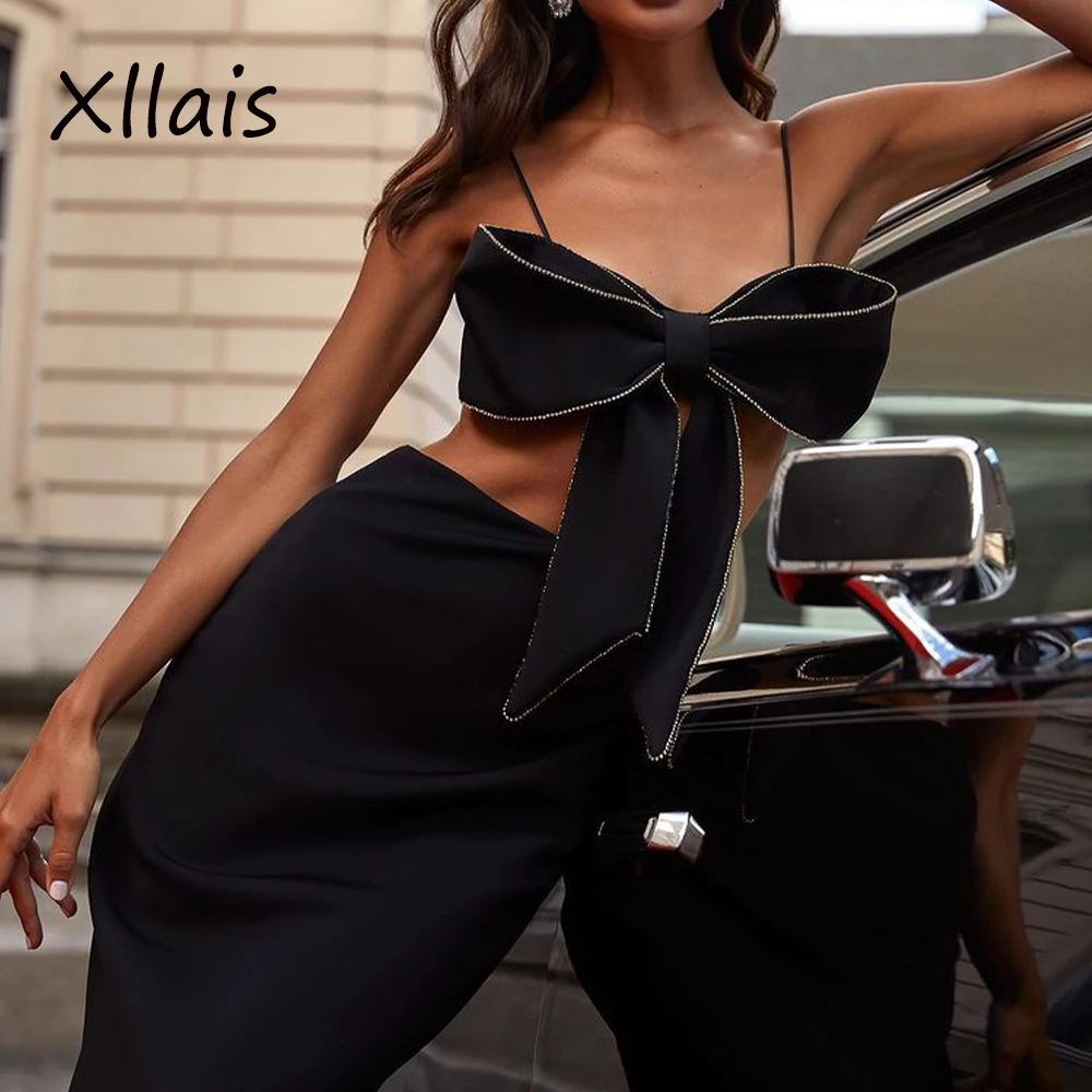 

Комплект из 2 предметов XLLAIS с бантом, Женский комплект из топа и юбки в виде листьев лотоса, элегантная уличная одежда, Привлекательный компл...