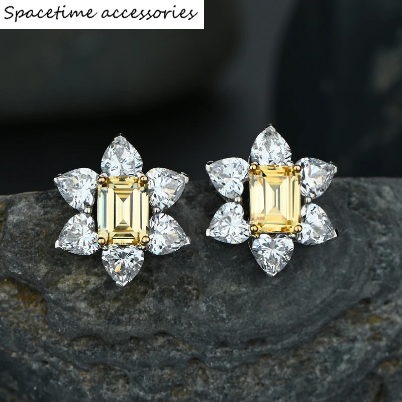 

EarringSterling Silver 6*8mm Topaz Stud Earrings For Women Sparkling High Carbon Diamond Flower Party Fine Jewelry GiftsRings