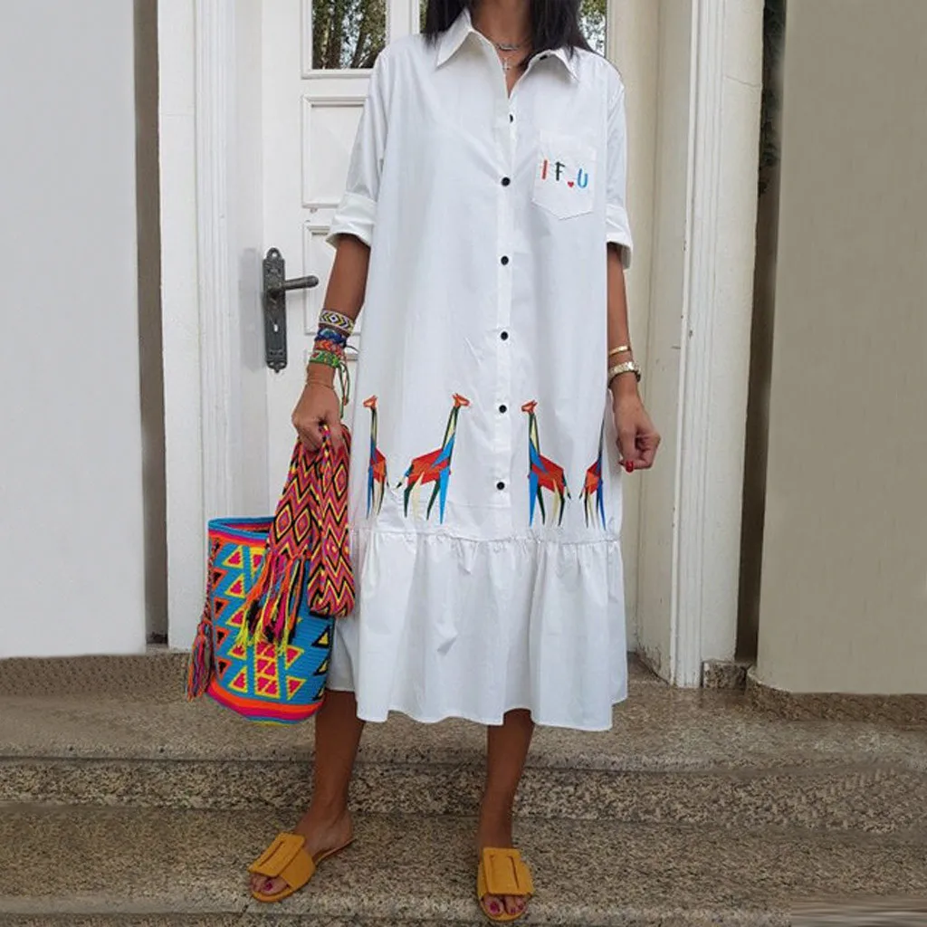 Женское летнее платье-рубашка свободное платье до середины икры с высокой талией