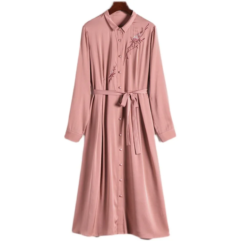 

Embroidered Full-Sleeved Dress Women 2021 Spring/Summer Plus Size Casual Temperament Midi Dress Fashion Lace-up Cardigan Dress